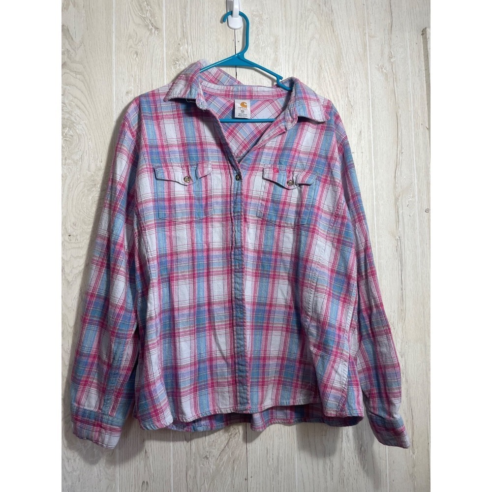 Carhartt Women's Flannel Button-Up Shirt xxl Pink‎ Blue White Plaid